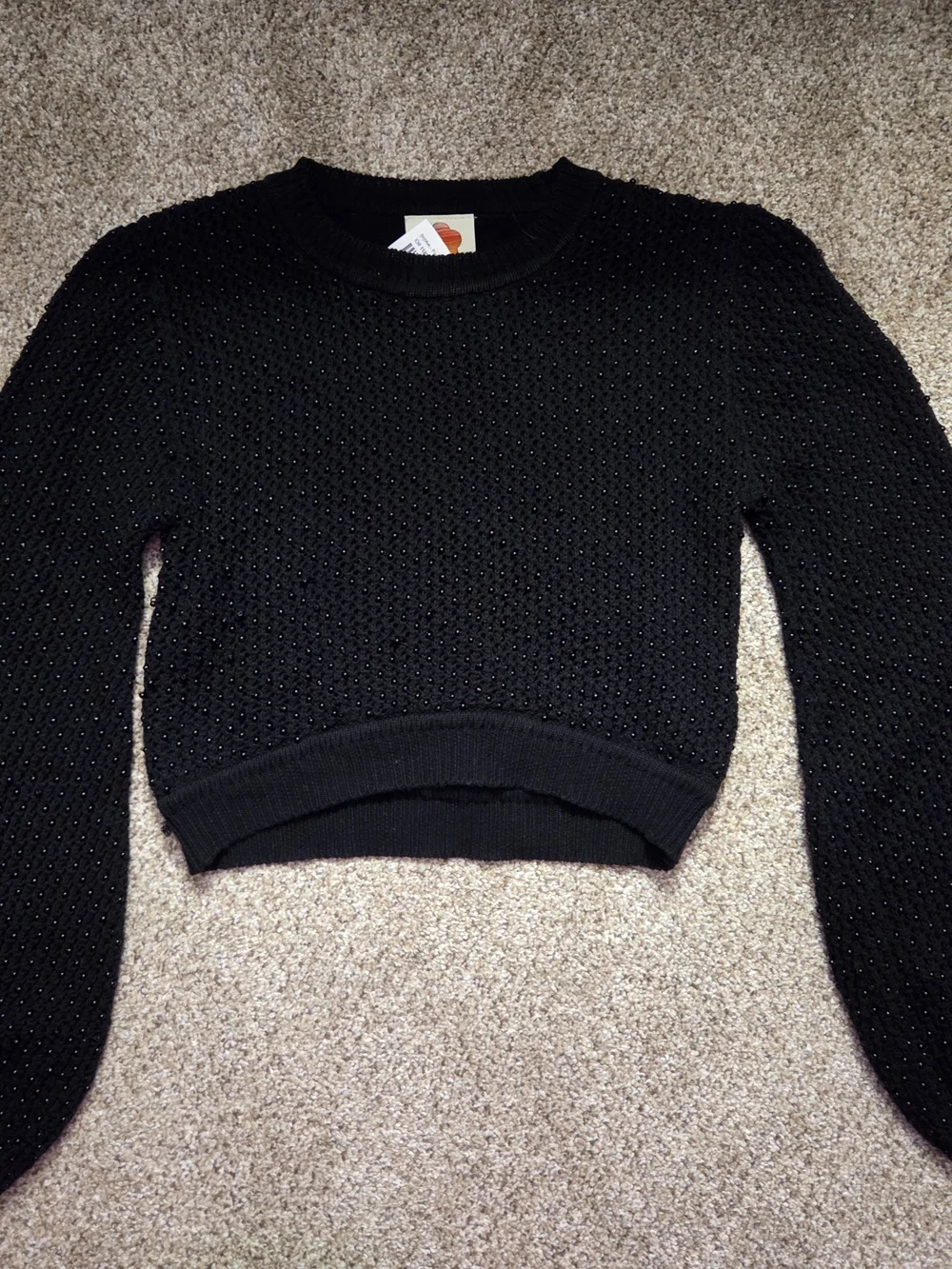 Farm Rio POM POM CROPPED BLACK Textured Sweater
